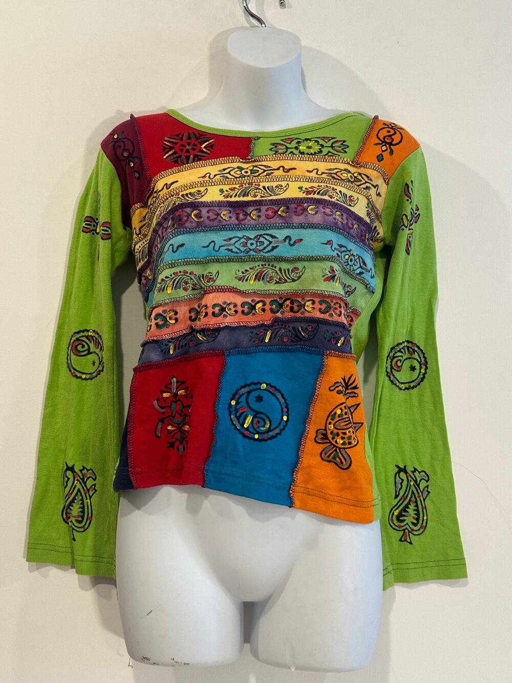 Vintage Made in Nepal Patchwork Boho Hippie Ribbed Knit Long Sleeve Top L